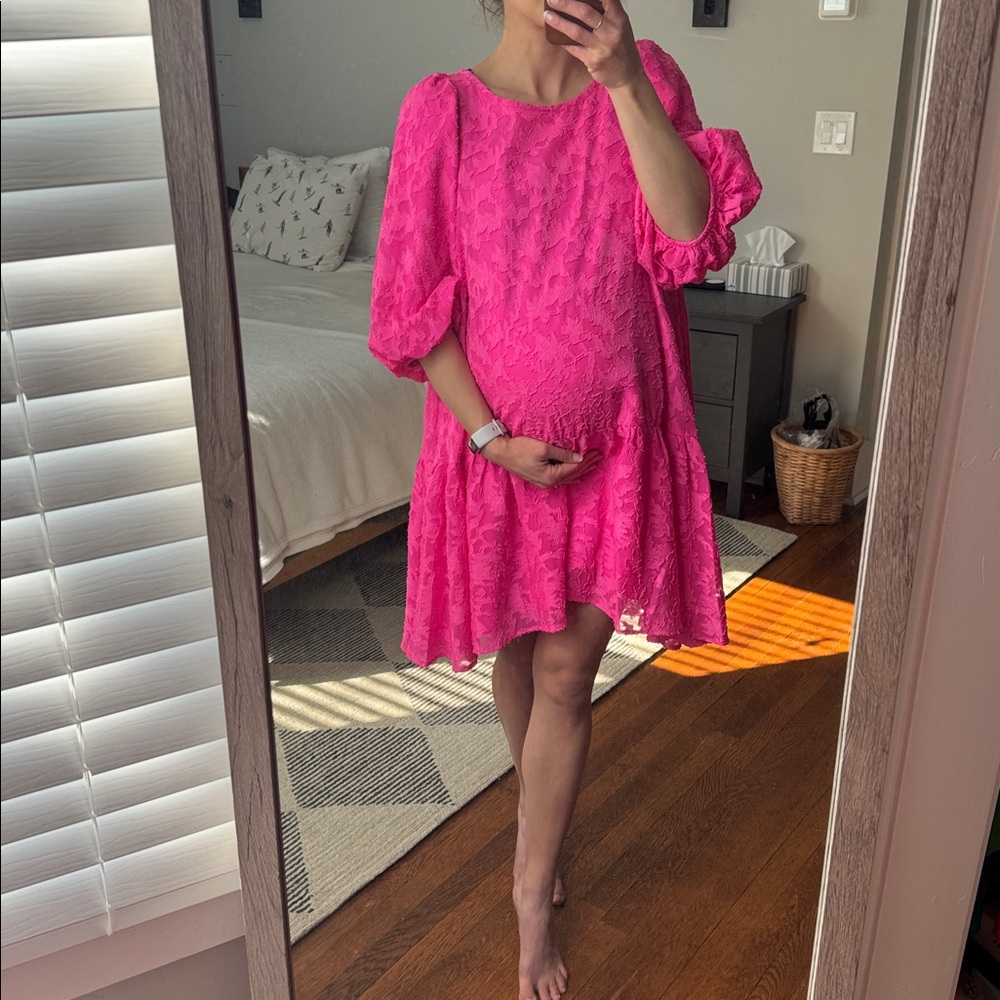 Bright Pink Puffed Sleeves Full Swing Maternity Dress
